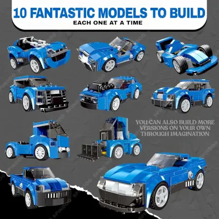 10-in-1 Racing Car Building Blocks Set | 195+ PCS STEM Construction Kit | DIY Educational Engineering Toy for Kids Ages 6+ Boys & Girls ( Blue) ( blue, Standard )
