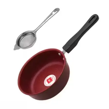 Nonstick Baby Sauce Pan & Tea Strainer – 17cm Diameter | Pack of 2 | Maroon Base | Enamel Coating. ( default, Standard )