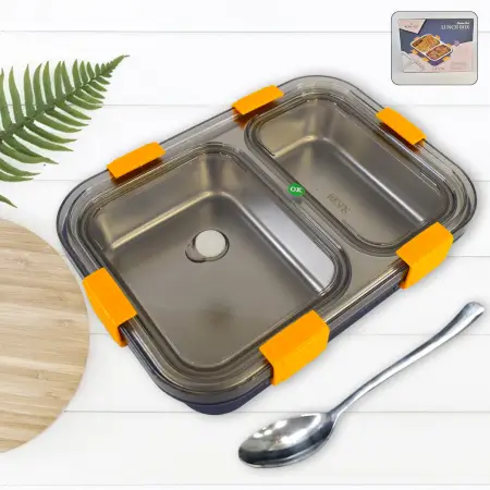 Leak-Proof Stainless Steel Lunch Box with 2 Compartments & Spoon BPA-Free, Freezer Safe ( default, Standard ).