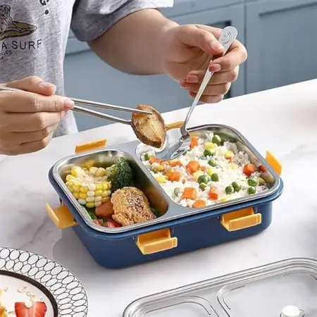 Leak-Proof Stainless Steel Lunch Box with 2 Compartments & Spoon BPA-Free, Freezer Safe ( default, Standard ).