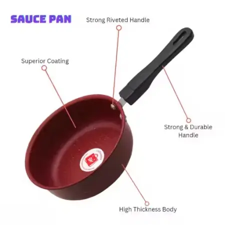 Nonstick Baby Sauce Pan & Tea Strainer – 17cm Diameter | Pack of 2 | Maroon Base | Enamel Coating. ( default, Standard )