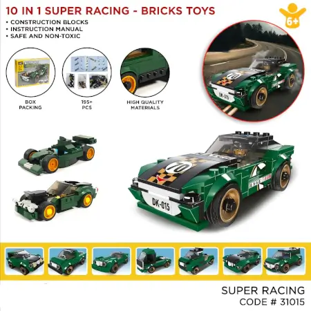 10-in-1 Racing Car Building Blocks Set | 195+ PCS STEM Construction Kit | DIY Educational Engineering Toy for Kids Ages 6+ Boys & Girls ( Green) ( green, Standard )